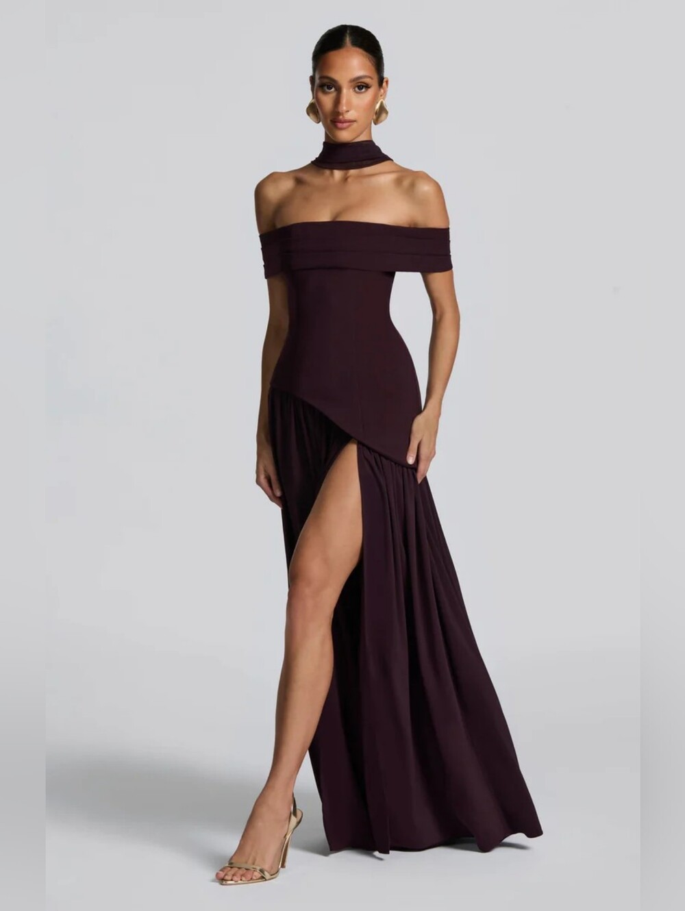 Off-Shoulder Plum Evening Gown with High Slit